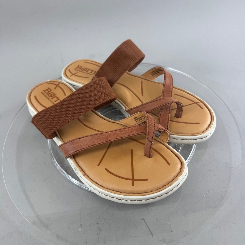 Born Womens Brown Leather Toe Loop Elastic Strap Comfort Sandals 6M BR0019906